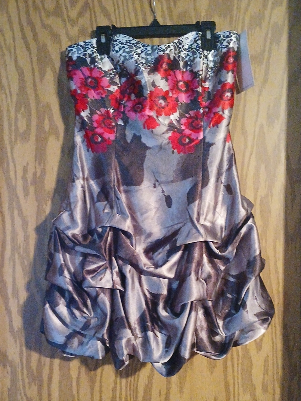Ruby Rox Strapless Cocktail Dress in Silver and Red Floral Accents